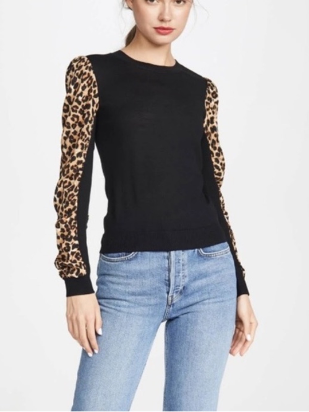 Veronica Beard Black Merino Wool Sweater Leopard Print Puff Sleeve 25601 - Picture 3 of 10